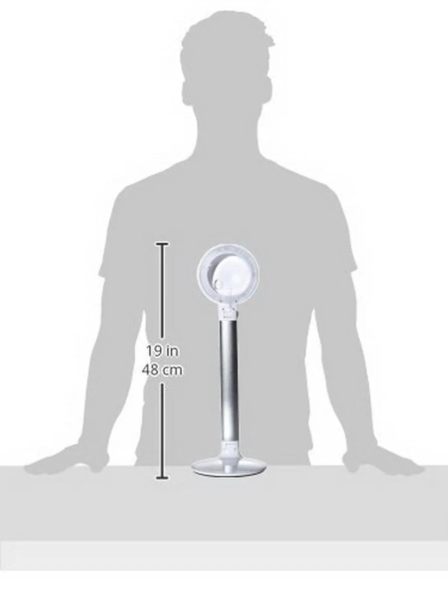 Daylight Halo 8D table magnifying lamp on metal stand with round lens, white and silver