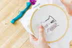 Threaders Embroidery Transfer Sheets - Pets, in a wooden hoop with a cat design and meow text on white fabric.