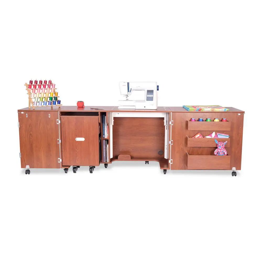 Kangaroo TEAK sewing cabinet set with air lift; sewing machine on top, spool rack, and rolling storage.