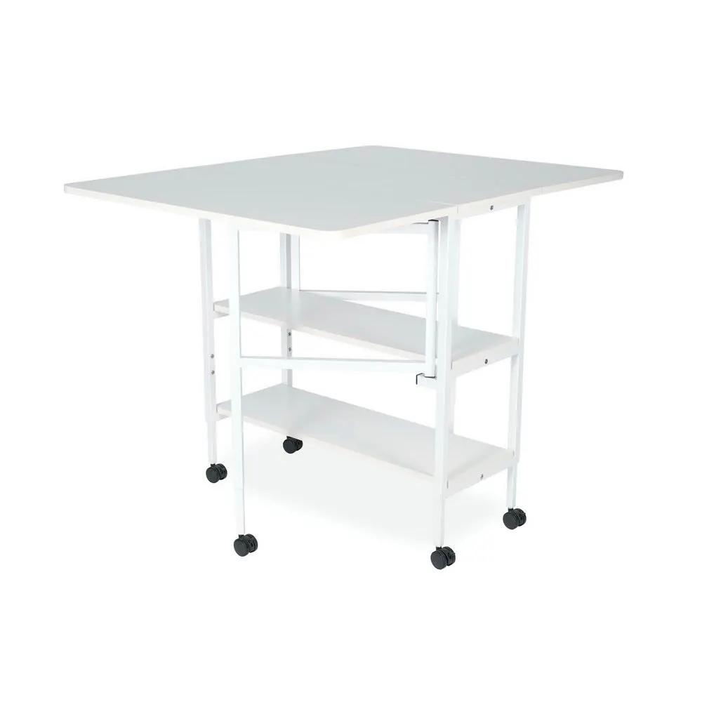 Arrow White Dixie Adjustable Cutting Table with wheels and two lower shelves