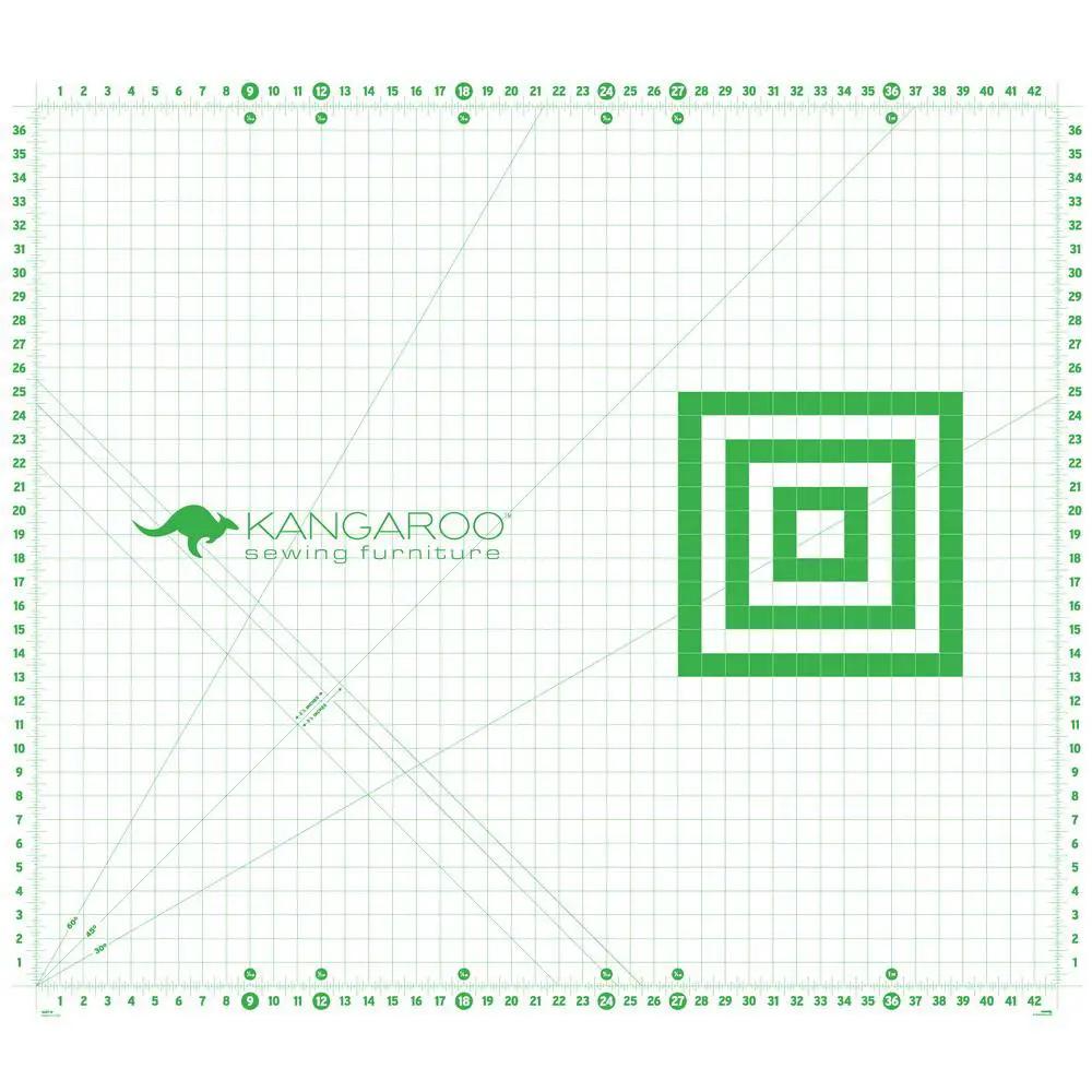 Sewing furniture cutting mat by Kangaroo Sewing Furniture; green grid, logo, and spiral target pattern