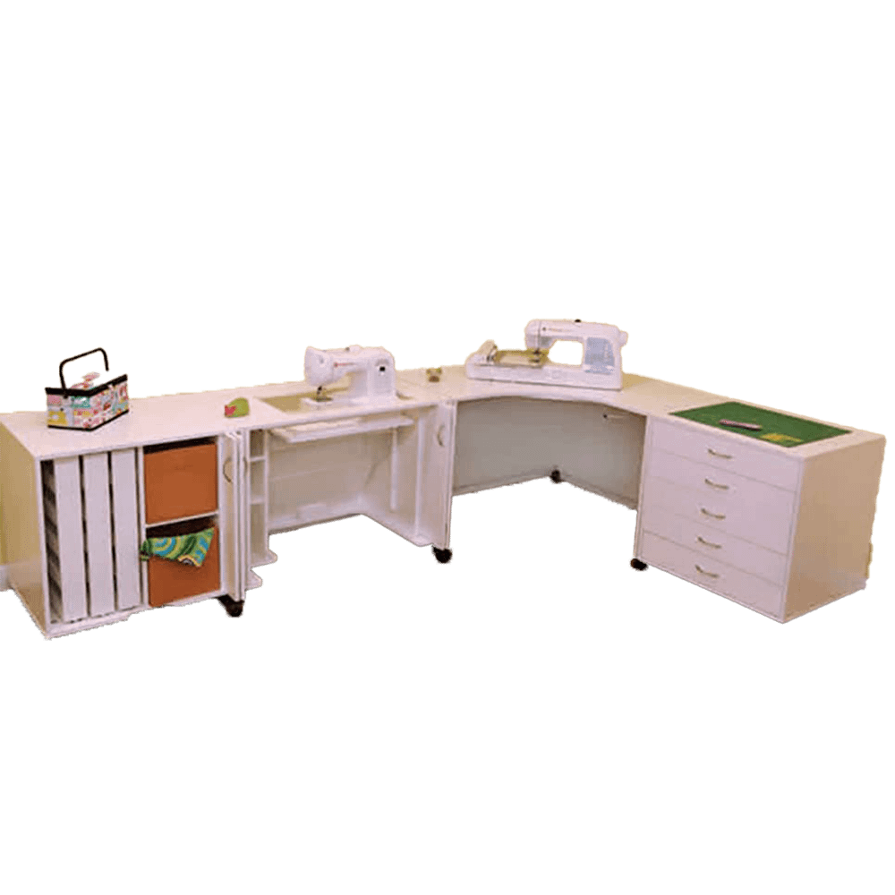 Arrow Mod Squad 4-piece sewing cabinet set in white with drawers and cabinets.