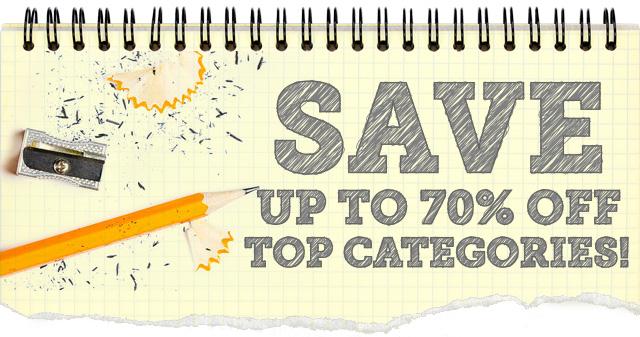 Promotional banner with a pencil, sharpener, and 'Save up to 70% off