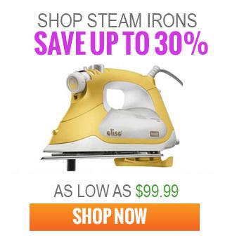 Yellow and white steam iron with promotional text