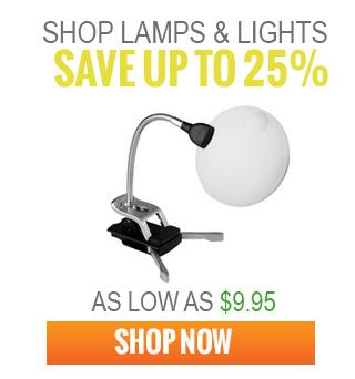 Advertisement for lamps and lights with a desk lamp, featuring a discount offer.