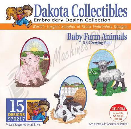 Dakota Collectibles embroidery design software - Baby Farm Animals, 15 designs on CD-ROM, 5x7 sewing field.