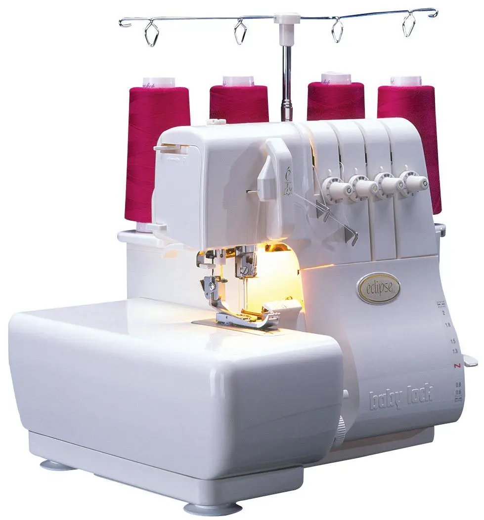 Baby Lock Eclipse DX serger, white with four pink thread spools