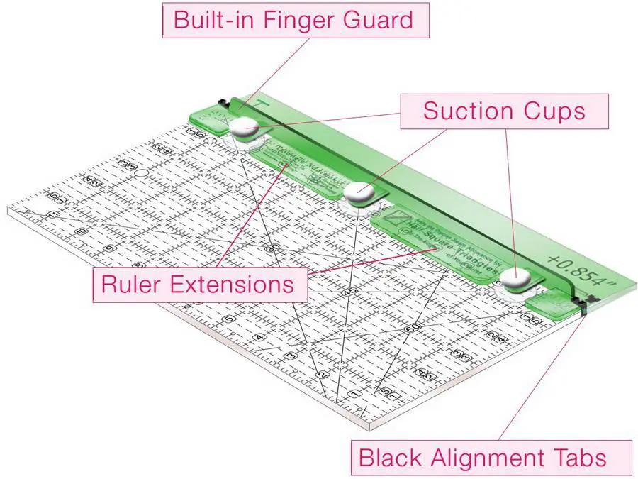 Guidelines 4 Quilting ruler accessory: clear acrylic half-square triangle seam allowance ruler with built-in finger guard and suction cups