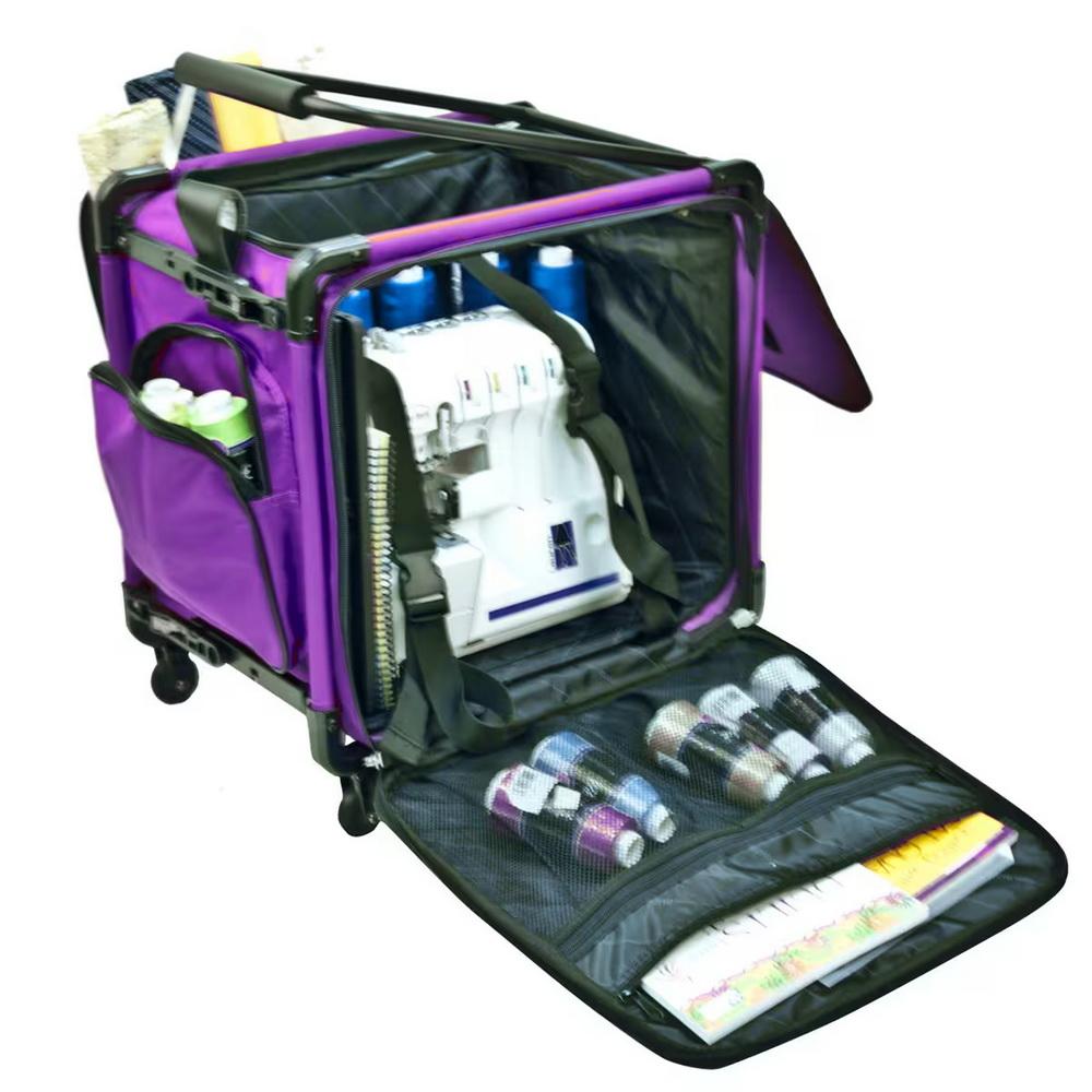 Tutto 17in serger on wheels luggage, purple rolling bag with spool storage and interior organizer