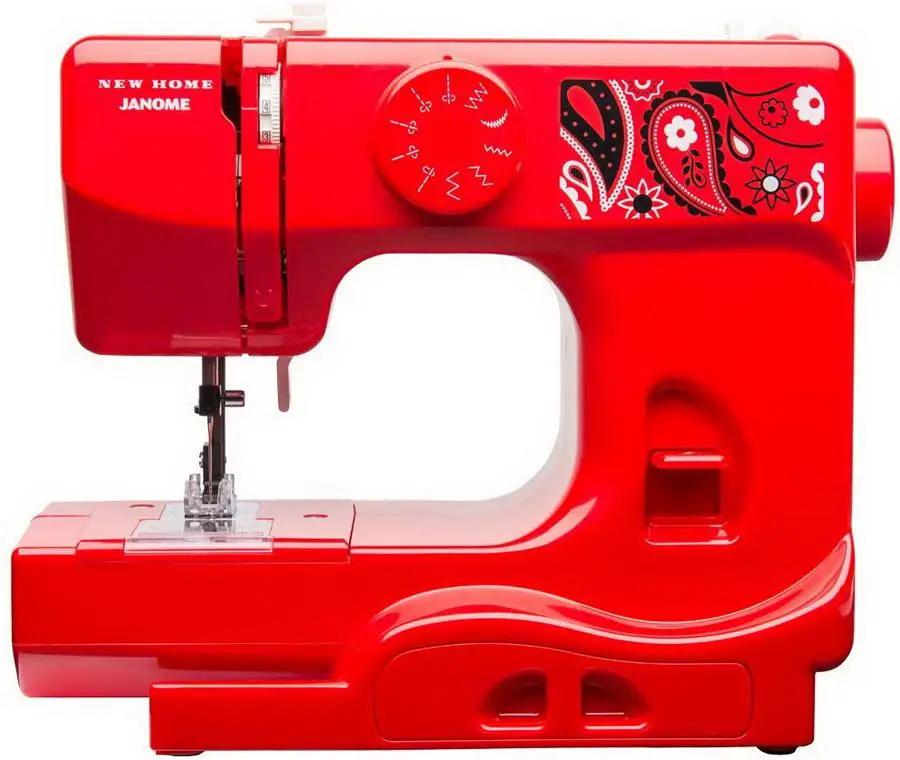 Janome Derby Line portable sewing machine in bandana blush red with paisley pattern and Janome branding.