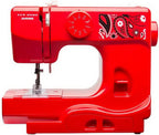 Janome Derby Line portable sewing machine in bandana blush red with paisley pattern and Janome branding.