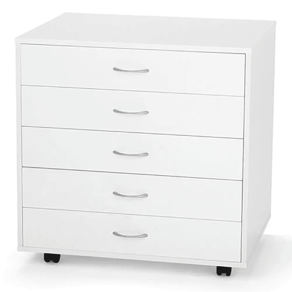 Arrow Mod Squad sewing cabinet with five white drawers on caster wheels