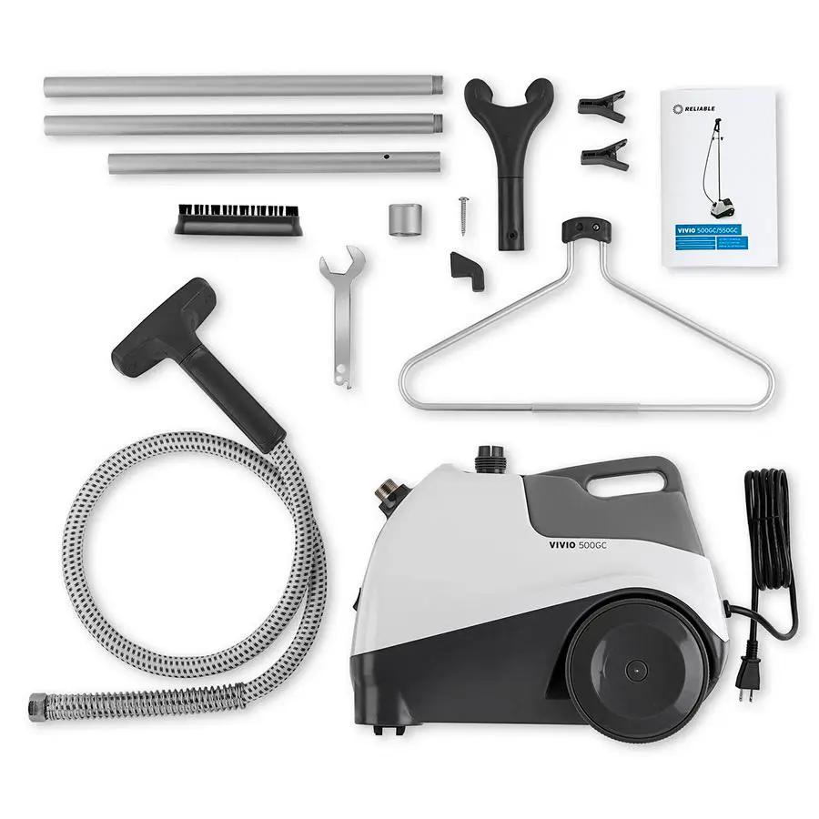 Garment steamer Reliable Vivio 500GC with white-gray body, coiled hose, hanger, and accessory kit