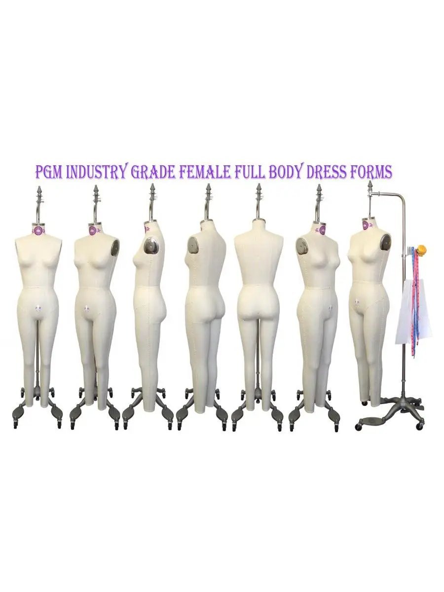 Dress forms: PGM Pro female full-body, industry-grade, eight white mannequins on wheeled stands.