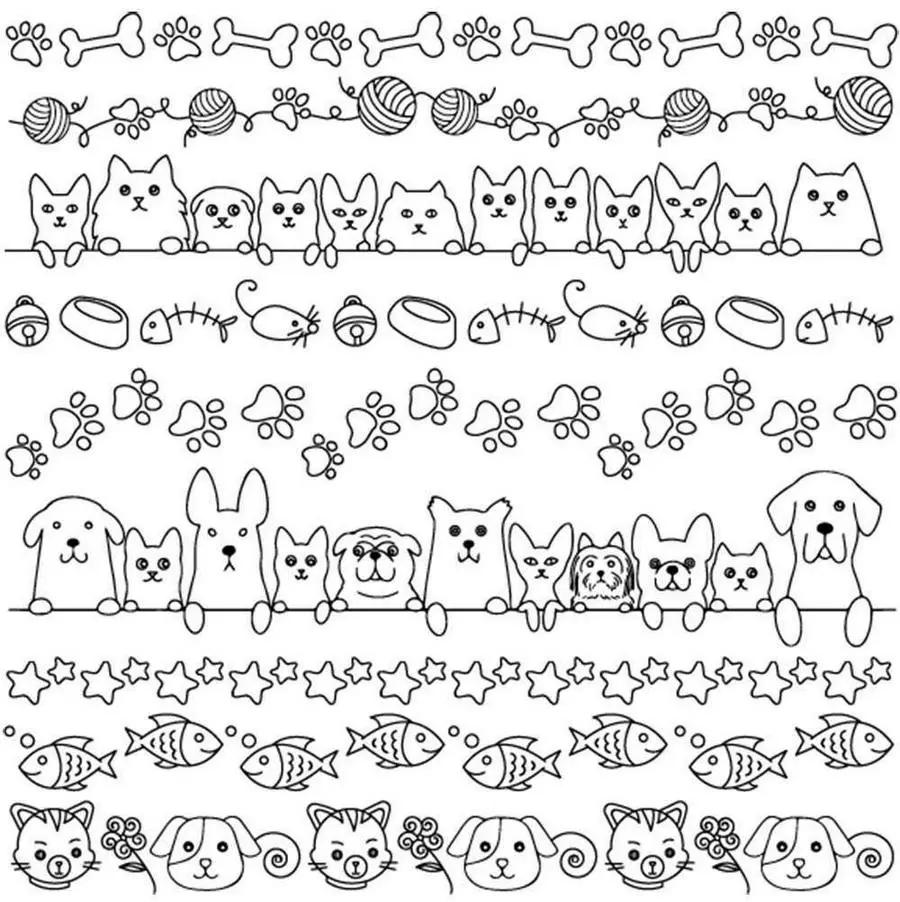 Threaders Embroidery Transfer Sheets - Pets: black line-art motifs of dogs, cats, bones, paw prints, yarn balls, fish