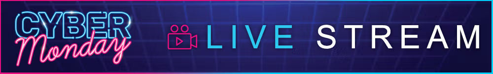 Cyber Monday promotional banner with 'Live Stream' text on a dark blue background