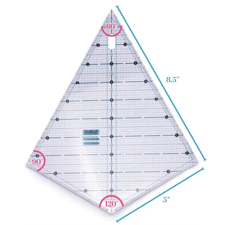 Grace TrueCut triangle ruler bundle, clear acrylic quilting ruler with grid lines and 60/90/120° markings; 8.5in and 5in edges.
