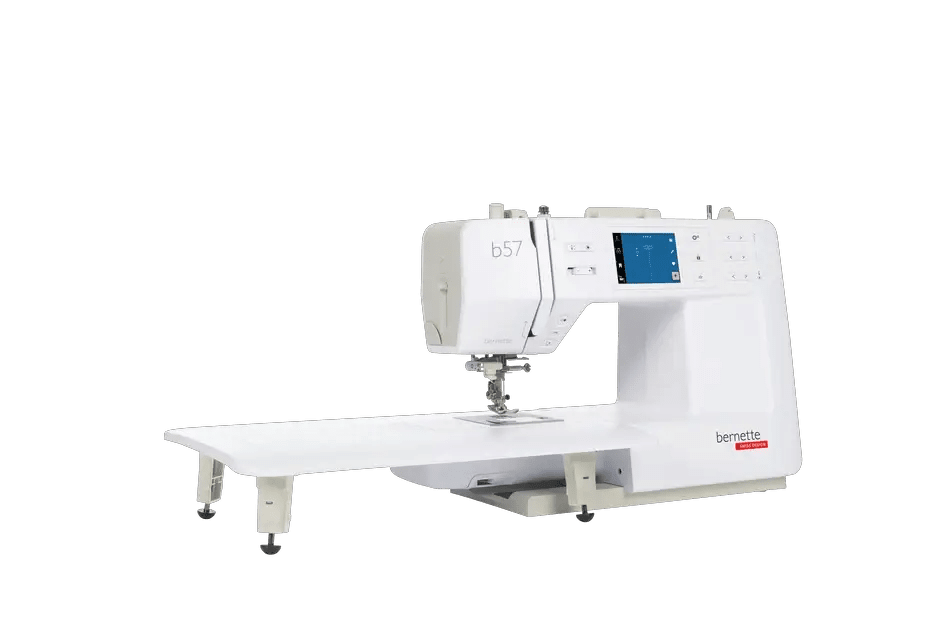 Bernette B57 sewing machine by Bernina, white with extension table and touchscreen display.