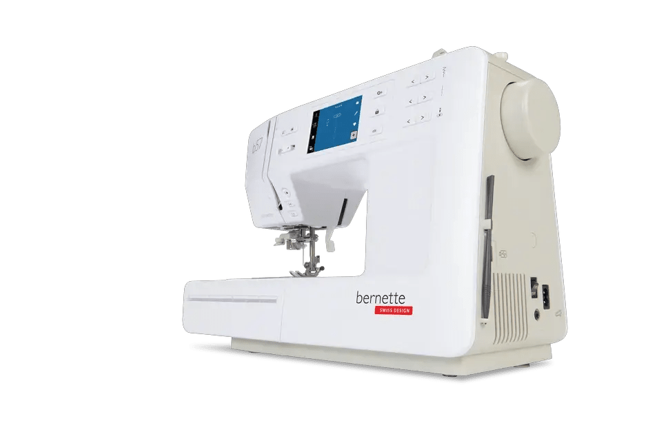 Bernette B57 sewing machine, white with blue touchscreen display and Bernette Swiss Design branding.