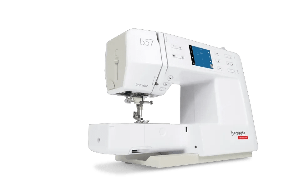 Bernette B57 sewing machine, white with blue touchscreen display, Bernina brand