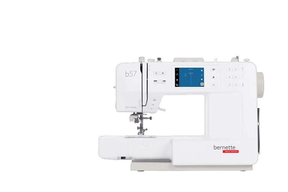 Bernette B57 sewing machine, white with a blue touchscreen display and bernette branding