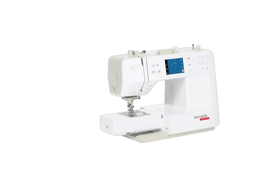 Bernette B57 sewing machine, white with touchscreen display; bernette logo visible