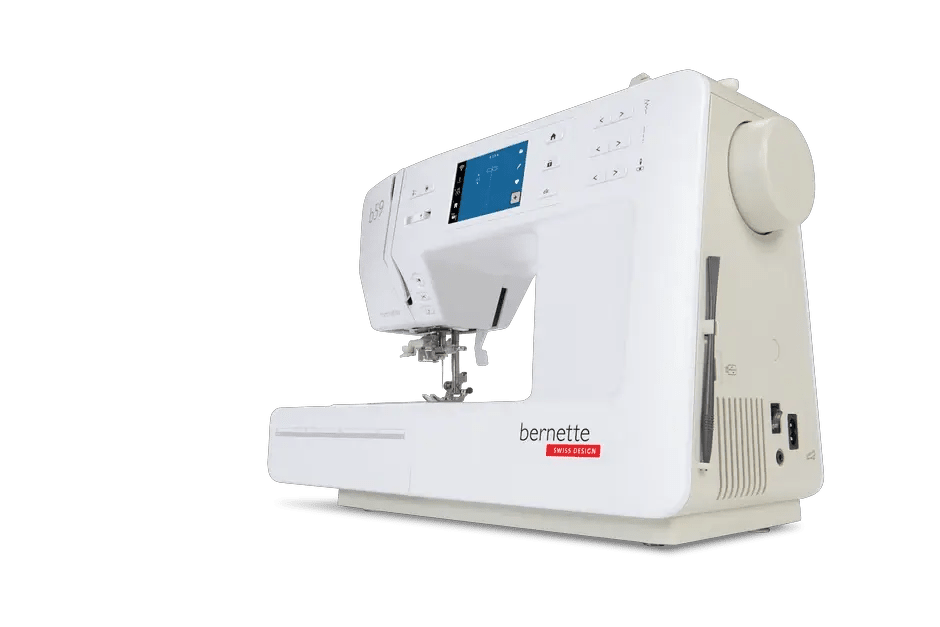 Bernette B59 sewing and embroidery machine, white with touchscreen display and bernette logo, side panels.