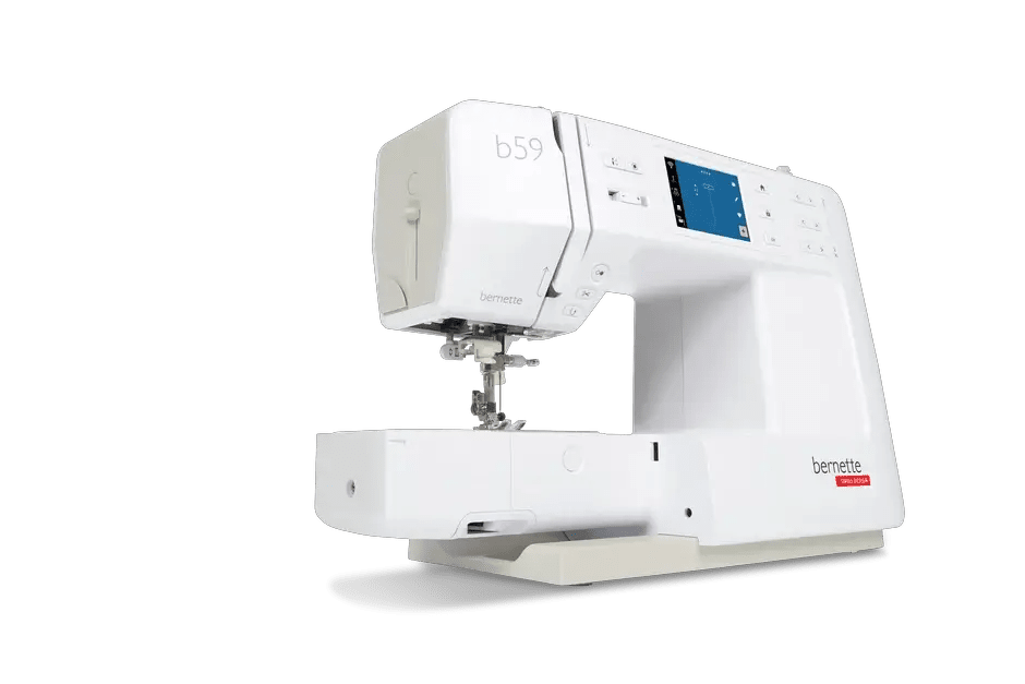 Bernette B59 sewing and embroidery machine, white with blue touchscreen display