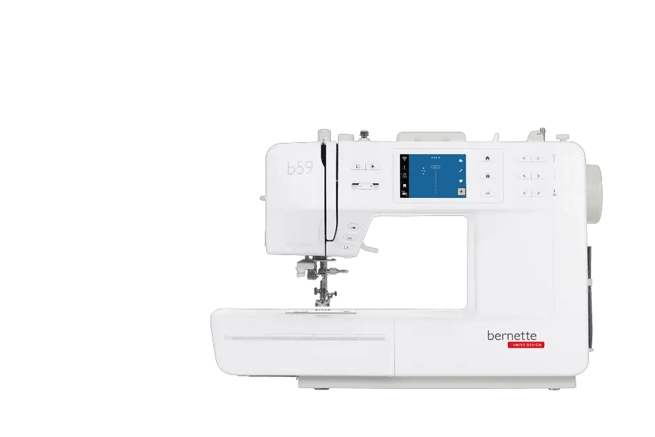 Bernette B59 sewing and embroidery machine, white body with blue touchscreen display
