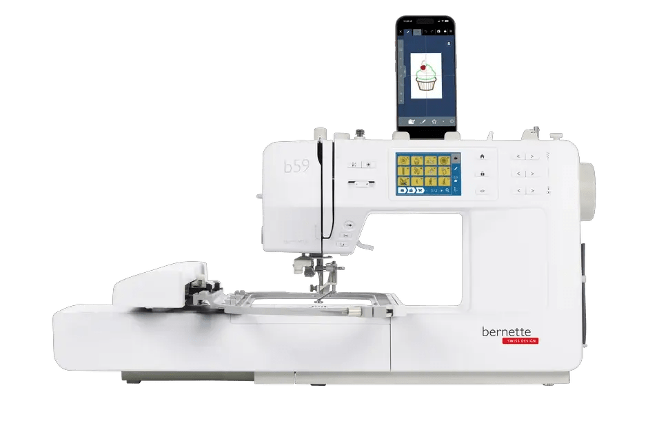 Bernette B59 sewing and embroidery machine, white with touchscreen display.