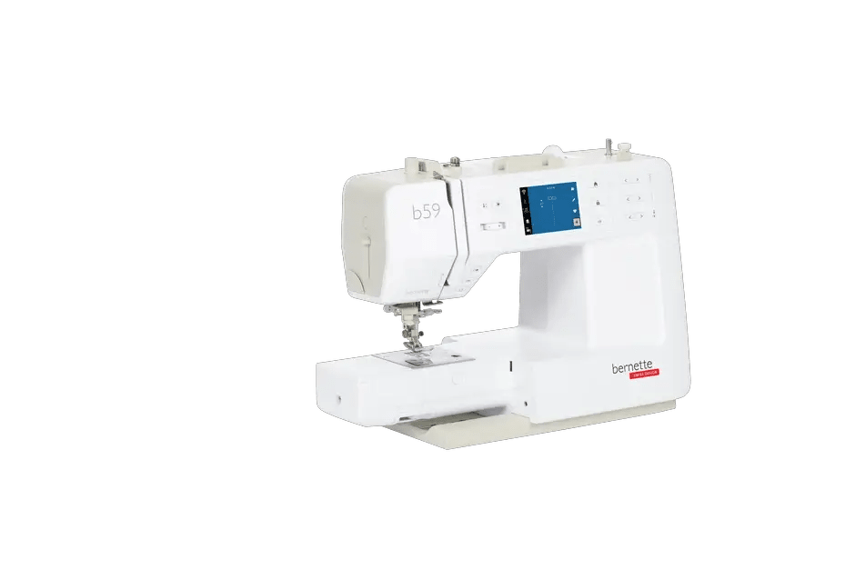 Bernette B59 sewing and embroidery machine, white with blue touchscreen display by Bernina