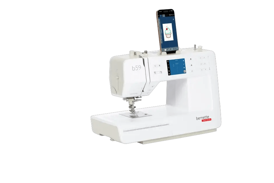 Bernette B59 sewing and embroidery machine, white with touchscreen display and mounted tablet