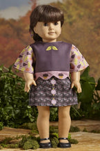 DIME Embroidery designs doll outfit; Fall Fashions, purple top with leaf-print lavender sleeves and patterned skirt