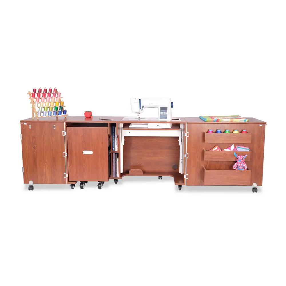 Kangaroo TEAK sewing cabinet set with air lift; central sewing space, left spool rack, right drawers.
