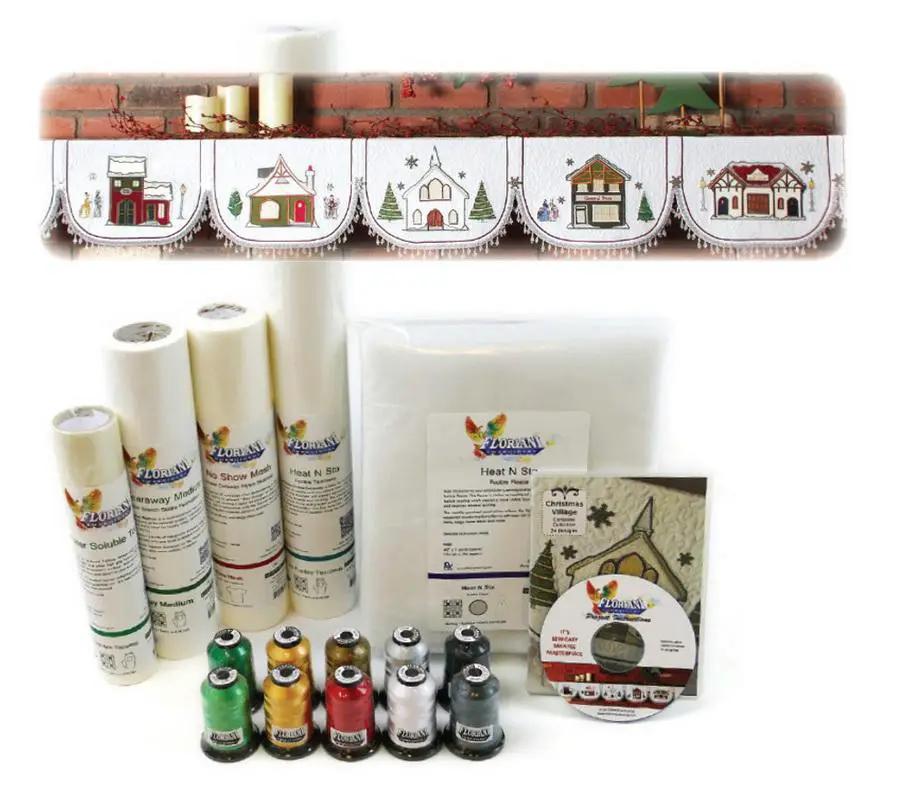 Floriani Christmas Village Mantle Project embroidery kit with fabrics, stabilizers, threads, and pattern CD