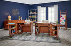 Koala Studios Heritage Cub sewing cabinet with two workstations, storage shelves, and two sewing machines in teak finish