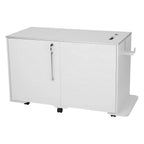 Arrow sewing cabinet on casters with manual lift and chrome trim.
