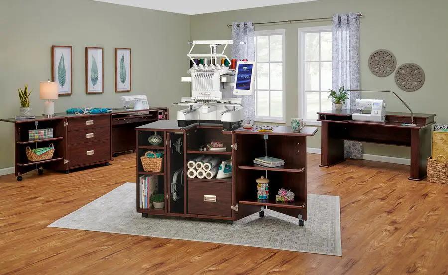 Koala Studios Heritage Embroidery Center sewing cabinet in teak with rolling base and central embroidery unit