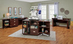 Koala Studios Heritage Embroidery Center sewing cabinet in teak with rolling base and central embroidery unit