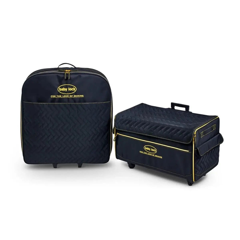 Baby Lock Quilted XL Trolley and Radiance Embroidery Unit Trolley set in navy quilted fabric with gold zippers