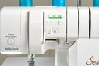 Baby Lock Serenity 4-Thread Serger, white with teal thread spools and control panel