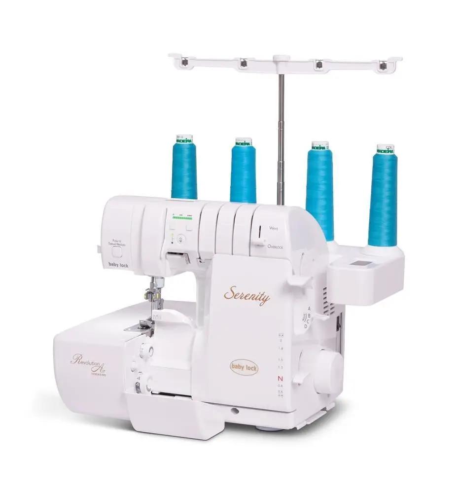 Baby Lock Serenity 4-Thread Serger sewing machine in white with four teal thread spools
