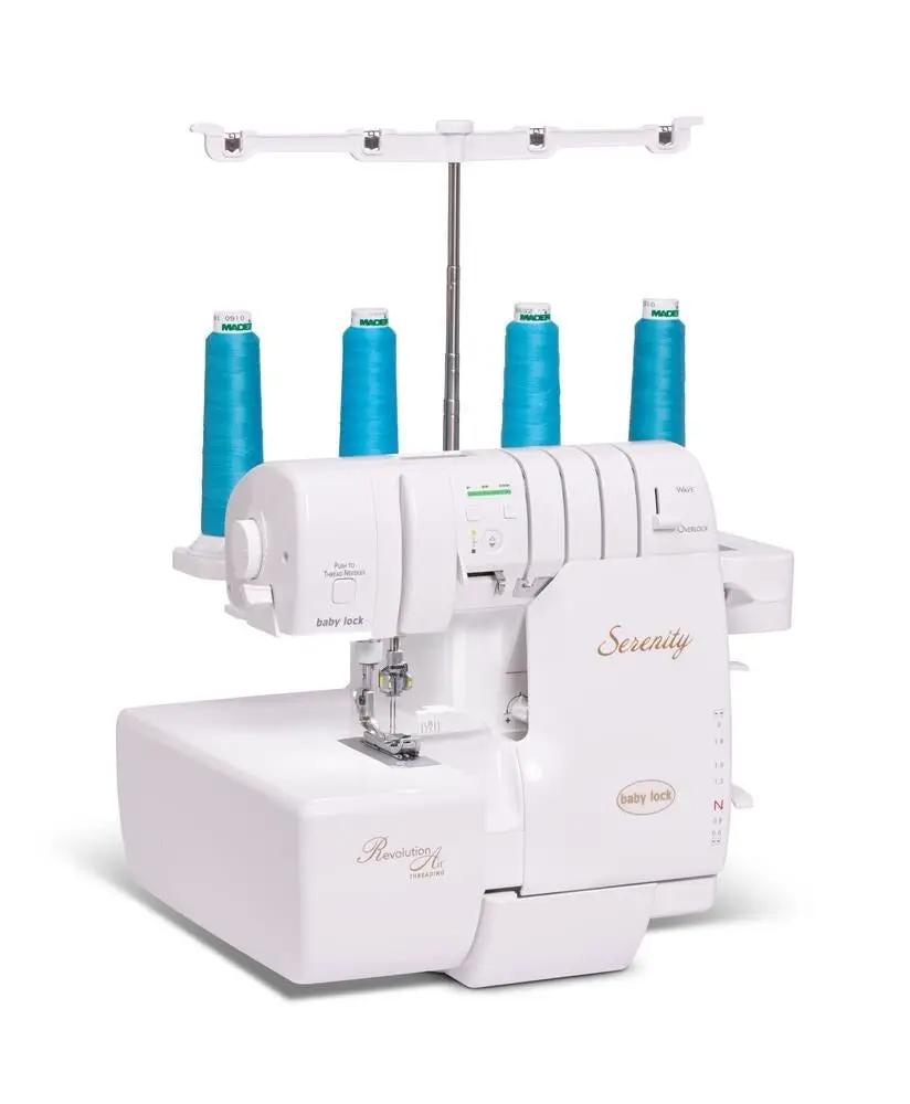 Baby Lock Serenity 4-Thread Serger sewing machine in white with four turquoise thread spools.