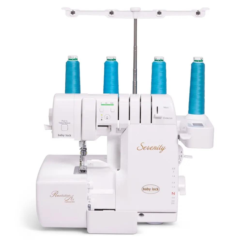 Baby Lock Serenity 4-Thread Serger with four teal thread spools and white body