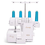 Baby Lock Serenity 4-Thread Serger with four teal thread spools and white body