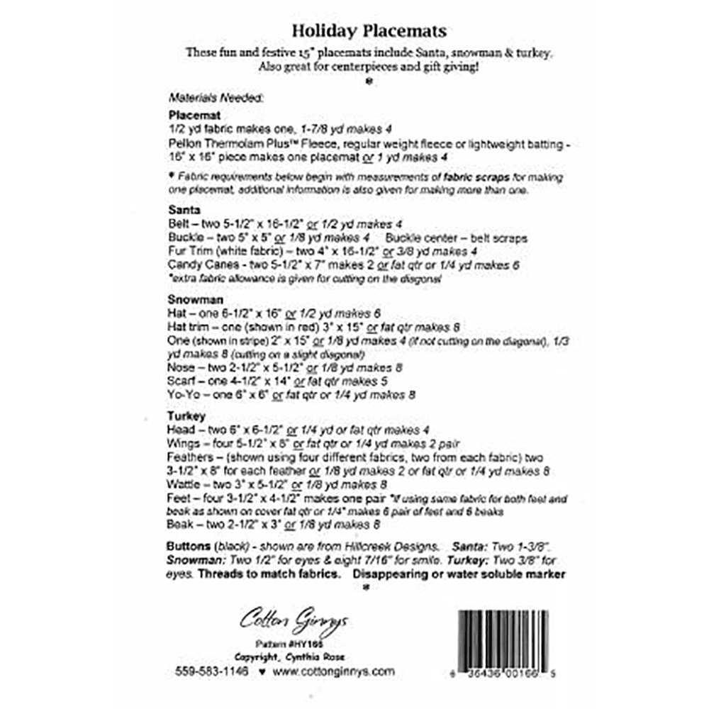 Holidays Placemats (HY166) - Sewingmachinesplus.com