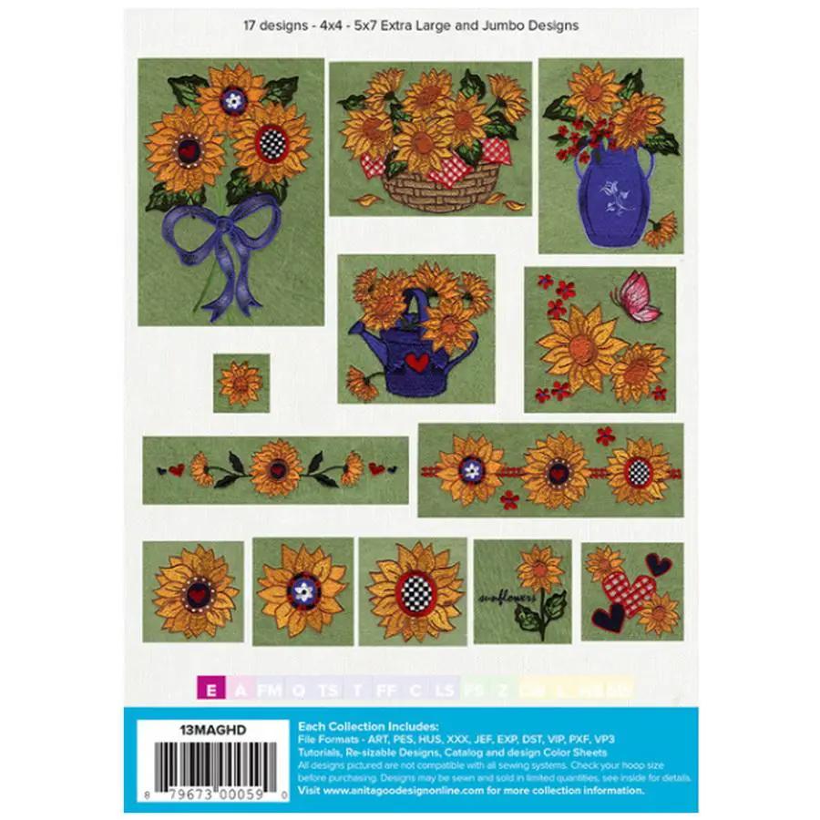 Anita Goodesign Sunflowers embroidery design mini collection 13MAGHD; orange sunflowers with blue accents on green panels.