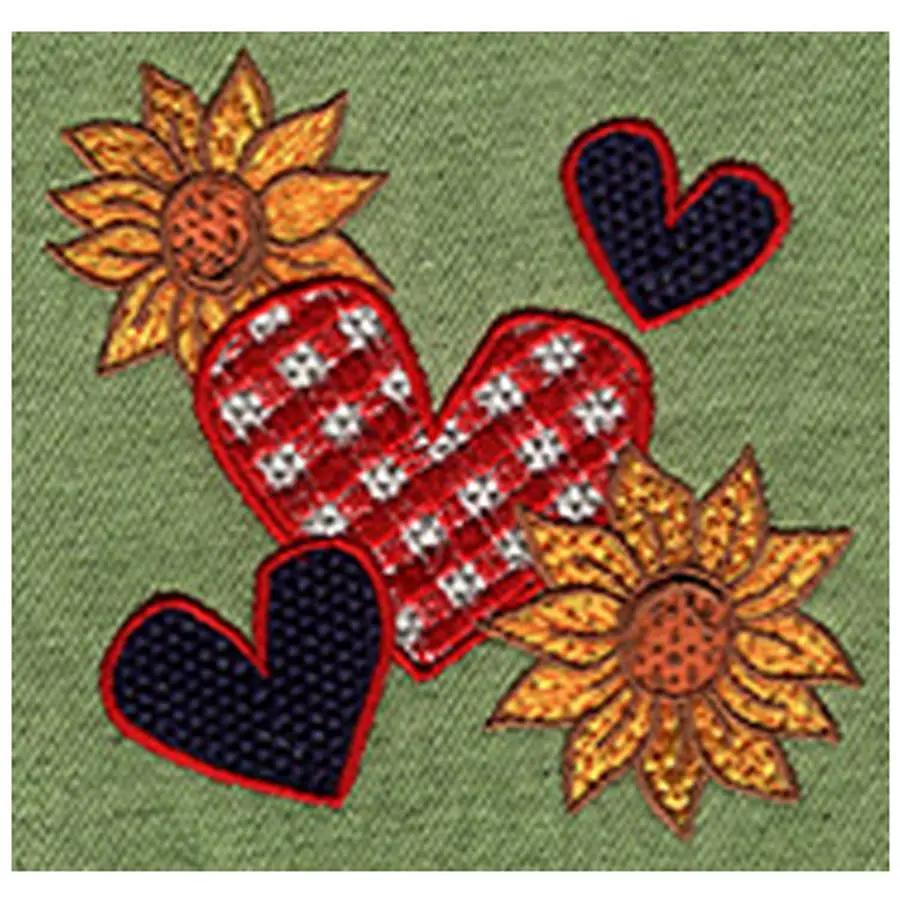 Anita Goodesign Sunflowers embroidery design 13MAGHD on green fabric featuring two sunflowers and heart motifs.