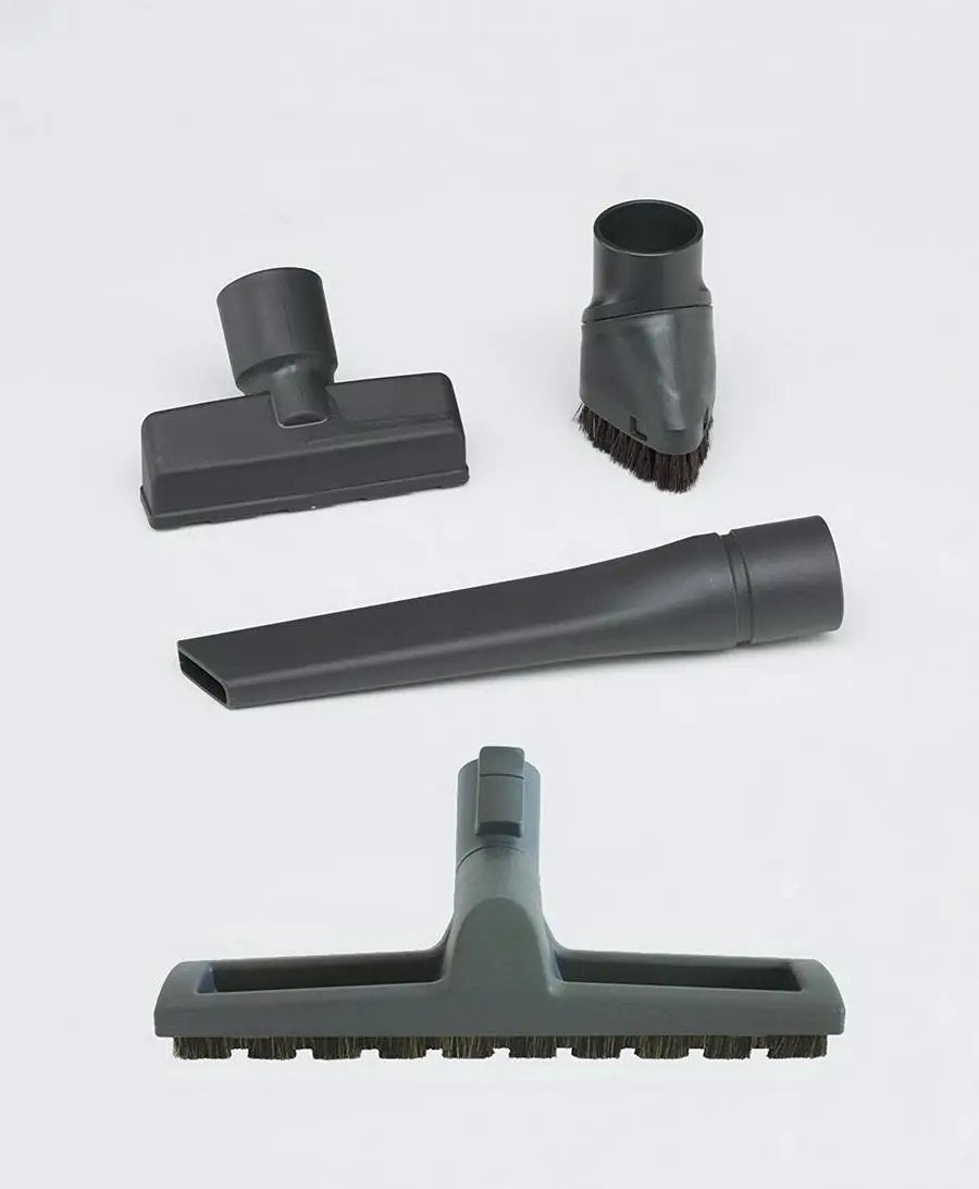 SEBO AIRBELT D4 Premium canister vacuum attachments in dark gray; 5 attachments with floorhead, wand, crevice and brush.