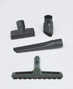 SEBO AIRBELT D4 Premium canister vacuum attachments in dark gray; 5 attachments with floorhead, wand, crevice and brush.